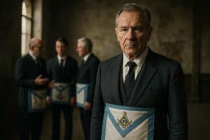 Im Vordergrund steht ein älterer Mann in Anzug und Freimaurerschürze, der die Traditionen der Freimaurer verkörpert, während sich drei andere Männer in ähnlicher Kleidung im verschwommenen Hintergrund eines schwach beleuchteten Raums unterhalten.