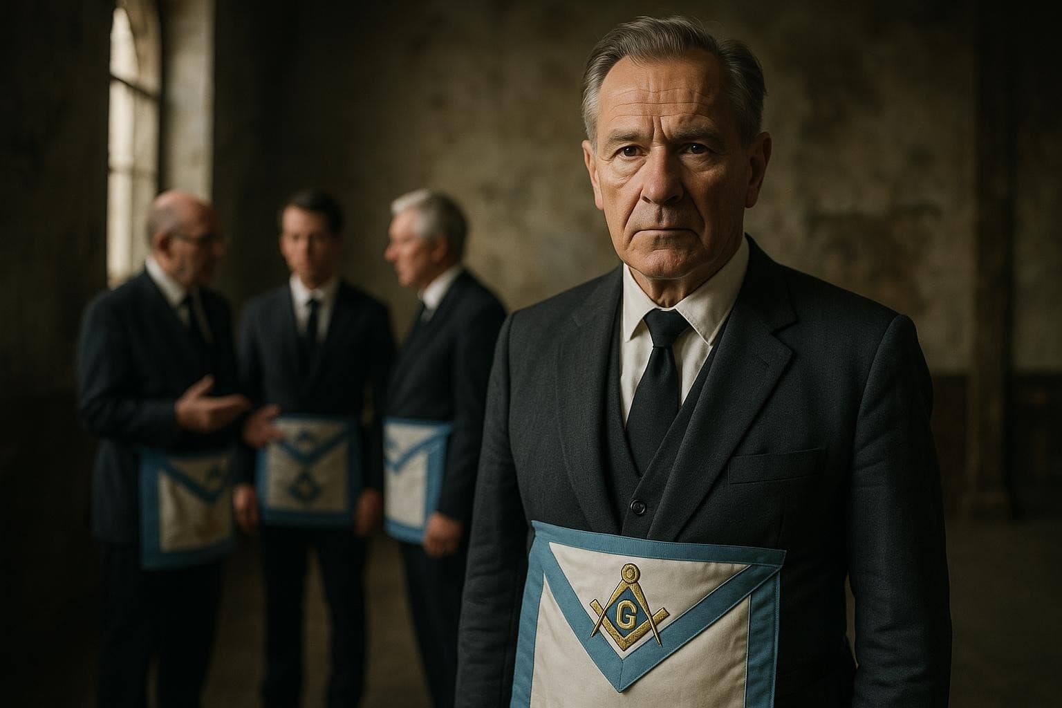 Im Vordergrund steht ein älterer Mann in Anzug und Freimaurerschürze, der die Traditionen der Freimaurer verkörpert, während sich drei andere Männer in ähnlicher Kleidung im verschwommenen Hintergrund eines schwach beleuchteten Raums unterhalten.