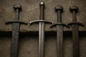 Vier mittelalterliche Schwerter, die mit ihren abgenutzten Klingen und abgerundeten Knäufen an Excalibur erinnern, liegen nebeneinander auf einer rauen Steinoberfläche und weisen unterschiedliche Rost- und Altersstufen auf.