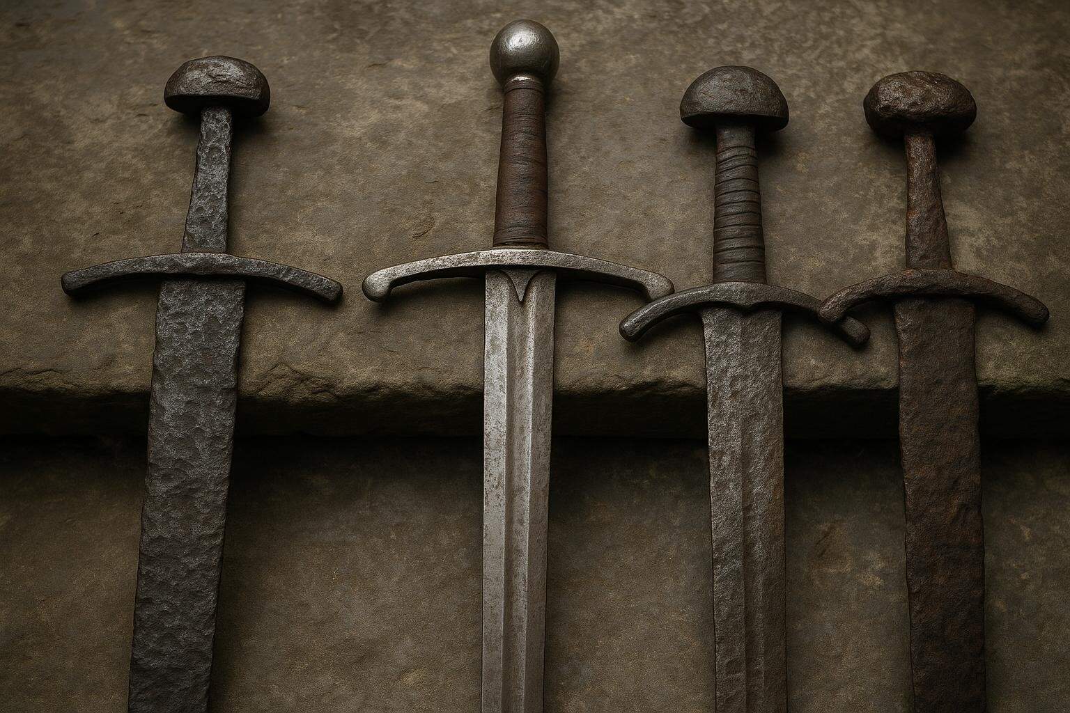 Vier mittelalterliche Schwerter, die mit ihren abgenutzten Klingen und abgerundeten Knäufen an Excalibur erinnern, liegen nebeneinander auf einer rauen Steinoberfläche und weisen unterschiedliche Rost- und Altersstufen auf.