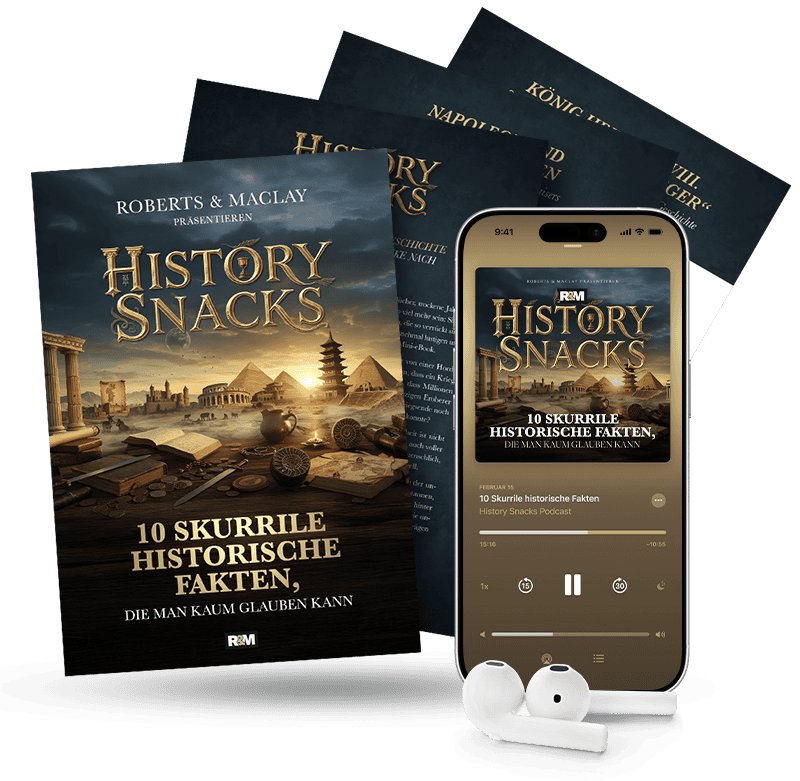 Ein Buch mit dem Titel History Snacks: 10 Skurrile Historische Fakten" wird mit Tablets und einem Smartphone gezeigt, die das Cover zeigen, umgeben von Ohrhörern. Auf dem Cover sind antike Monumente und ein dramatischer Himmel zu sehen.