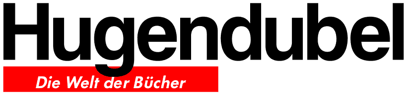 Logo mit dem Wort Hugendubel in großen schwarzen Buchstaben und einem roten Rechteck darunter mit dem deutschen Satz Die Welt der Bücher in weißer Schrift.