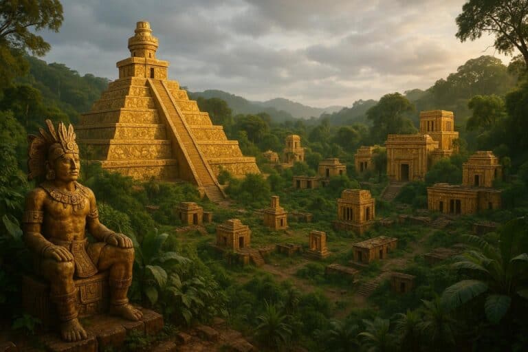 Eine goldene antike Pyramide und mehrere Steinbauten stehen bei Sonnenaufgang in einem üppigen Dschungel und erinnern an die legendäre Stadt El Dorado, mit einer großen Statue einer sitzenden Figur mit gefiedertem Kopfschmuck im Vordergrund.