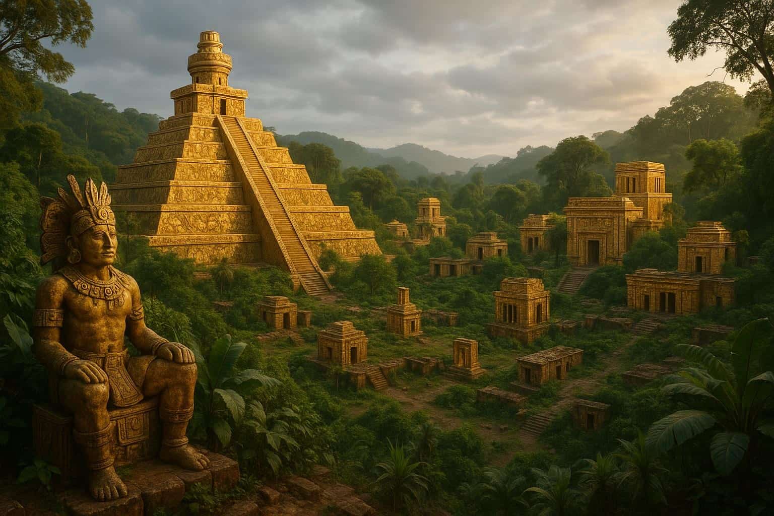 Eine goldene antike Pyramide und mehrere Steinbauten stehen bei Sonnenaufgang in einem üppigen Dschungel und erinnern an die legendäre Stadt El Dorado, mit einer großen Statue einer sitzenden Figur mit gefiedertem Kopfschmuck im Vordergrund.