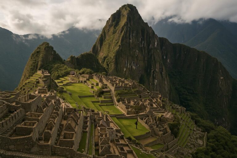 Die alten Steinruinen von Machu Picchu liegen auf einem grünen Bergrücken, umgeben von üppigen, nebligen Gipfeln und einem wolkenverhangenen Himmel, der die atemberaubende Schönheit Perus zeigt.