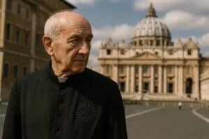 Ein älterer Jesuit in einer schwarzen klerikalen Robe steht draußen vor dem Petersdom und blickt unter einem teilweise bewölkten Himmel zur Seite.