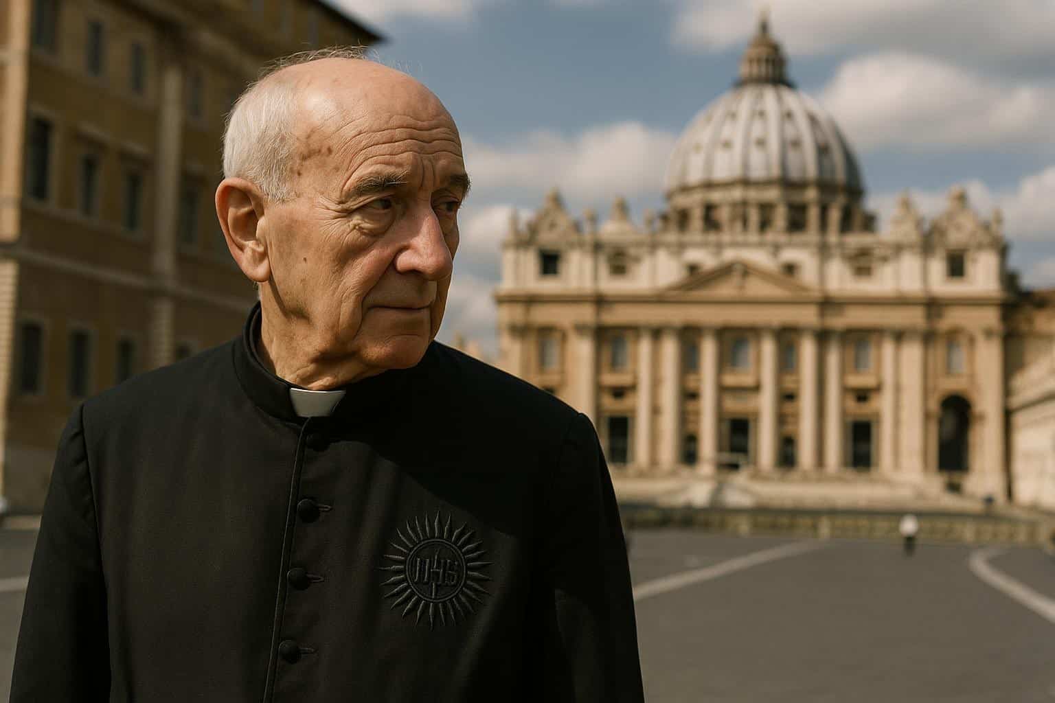 Ein älterer Jesuit in einer schwarzen klerikalen Robe steht draußen vor dem Petersdom und blickt unter einem teilweise bewölkten Himmel zur Seite.
