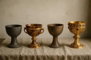 Vier Kelche, die in einer Reihe auf einem beigen Tuch angeordnet sind: zwei schlichte Steinkelche, ein einfacher goldener Kelch und ein verzierter goldener Kelch, der mit Juwelen und komplizierten Mustern verziert ist, die an den legendären "Heiligen Gral" erinnern.