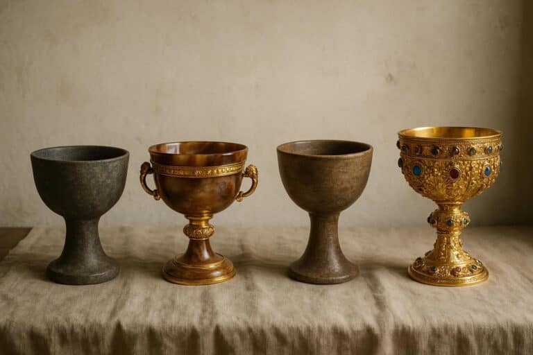 Vier Kelche, die in einer Reihe auf einem beigen Tuch angeordnet sind: zwei schlichte Steinkelche, ein einfacher goldener Kelch und ein verzierter goldener Kelch, der mit Juwelen und komplizierten Mustern verziert ist, die an den legendären "Heiligen Gral" erinnern.