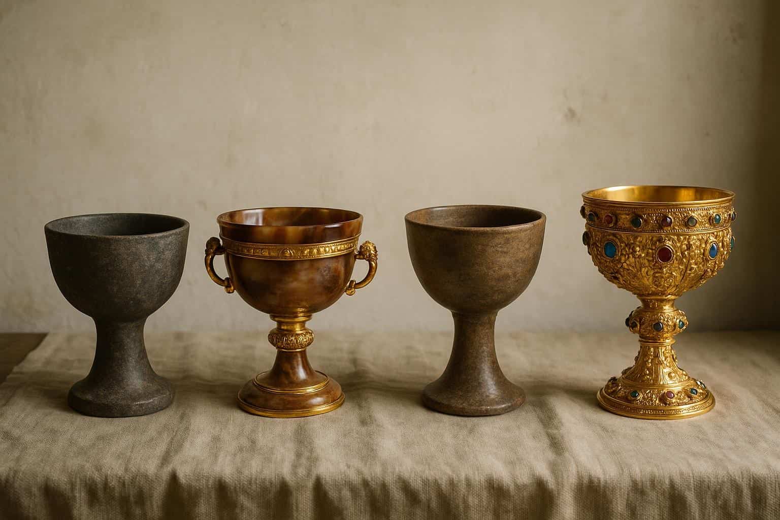Vier Kelche, die in einer Reihe auf einem beigen Tuch angeordnet sind: zwei schlichte Steinkelche, ein einfacher goldener Kelch und ein verzierter goldener Kelch, der mit Juwelen und komplizierten Mustern verziert ist, die an den legendären "Heiligen Gral" erinnern.