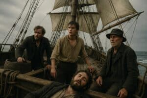 Vier Männer in altmodischer Kleidung stehen und sitzen auf dem Deck der Mary Celeste, einem hölzernen Segelschiff mit großen Segeln. Die Gruppe wirkt angespannt und wachsam, im Hintergrund der bewölkte Himmel und das offene Meer.