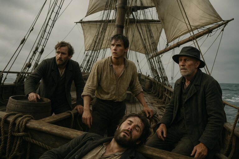 Vier Männer in altmodischer Kleidung stehen und sitzen auf dem Deck der Mary Celeste, einem hölzernen Segelschiff mit großen Segeln. Die Gruppe wirkt angespannt und wachsam, im Hintergrund der bewölkte Himmel und das offene Meer.