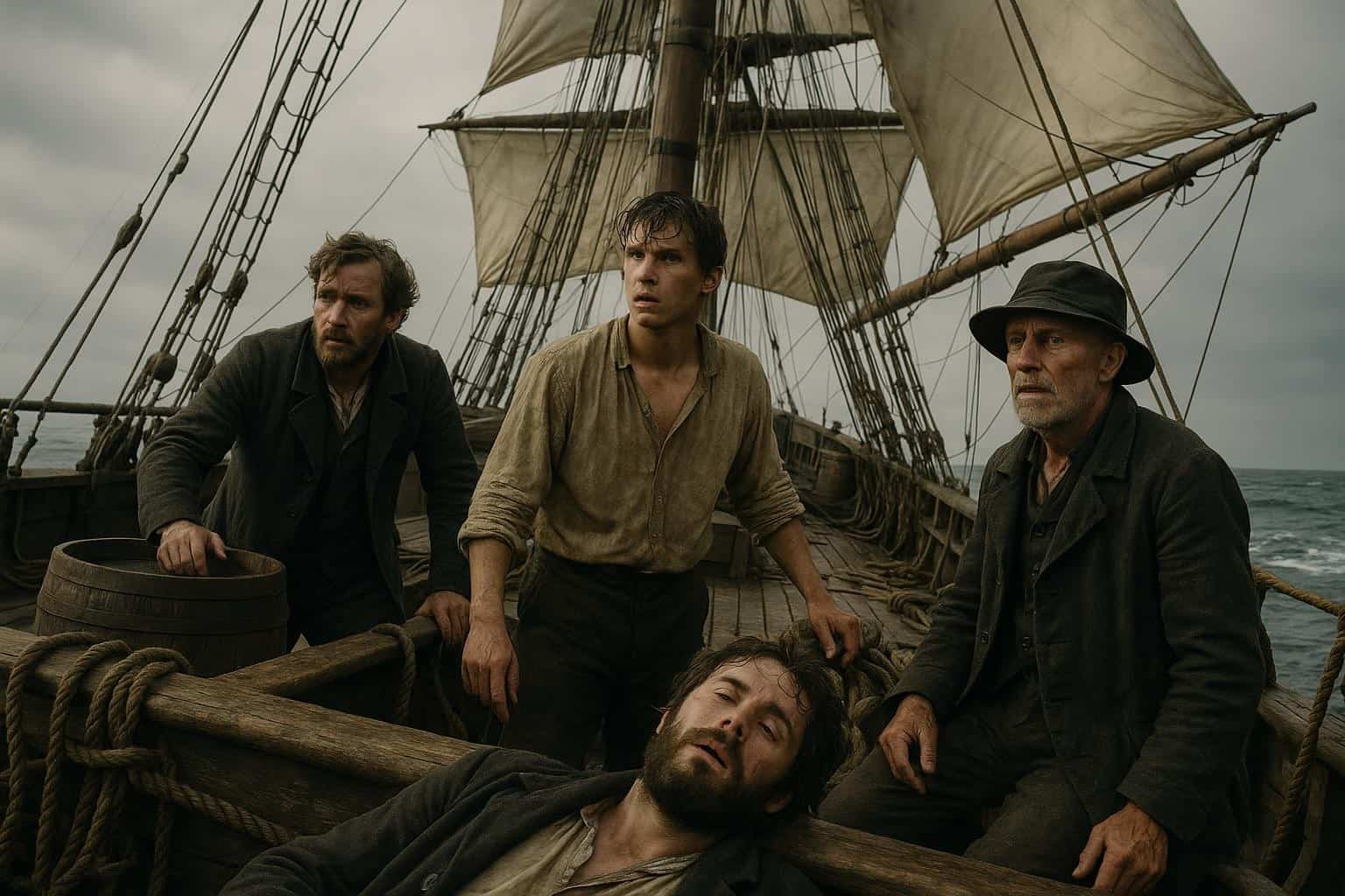Vier Männer in altmodischer Kleidung stehen und sitzen auf dem Deck der Mary Celeste, einem hölzernen Segelschiff mit großen Segeln. Die Gruppe wirkt angespannt und wachsam, im Hintergrund der bewölkte Himmel und das offene Meer.