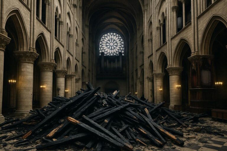 Ein großer Haufen verkohlter Holzbalken liegt im Mittelgang der großen gotischen Kathedrale Notre-Dame unter hohen Bögen und einer riesigen Glasfensterrose, was auf einen kürzlichen Brandschaden im Inneren des historischen Gebäudes hindeutet.