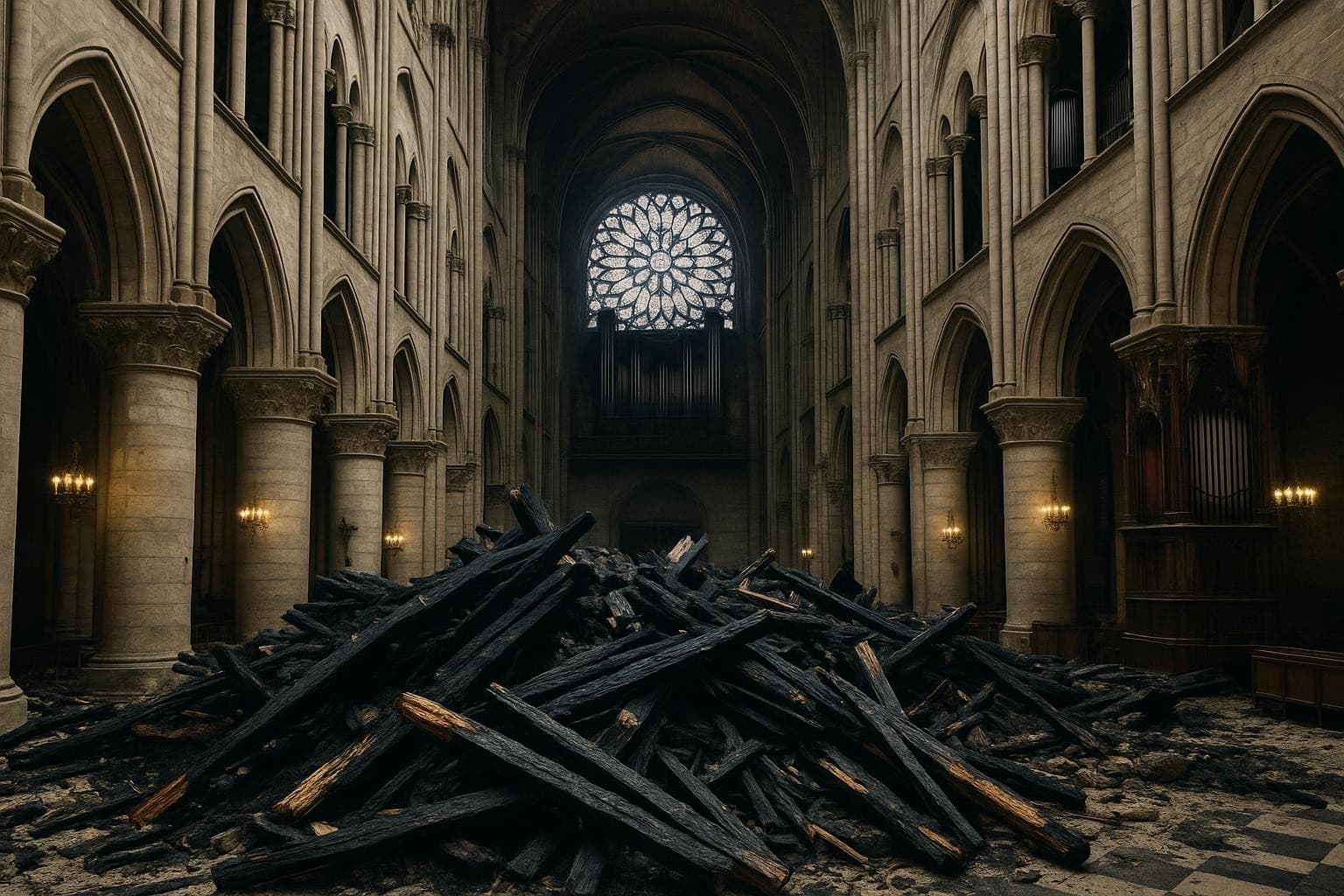 Ein großer Haufen verkohlter Holzbalken liegt im Mittelgang der großen gotischen Kathedrale Notre-Dame unter hohen Bögen und einer riesigen Glasfensterrose, was auf einen kürzlichen Brandschaden im Inneren des historischen Gebäudes hindeutet.