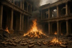 Ein großes Feuer brennt zwischen verstreuten Schriftrollen in der Mitte eines alten Steingebäudes mit hohen Säulen und Bögen, das an die Zerstörung der Bibliothek von Alexandria erinnert und die Szene mit Rauch und Verwüstung erfüllt.