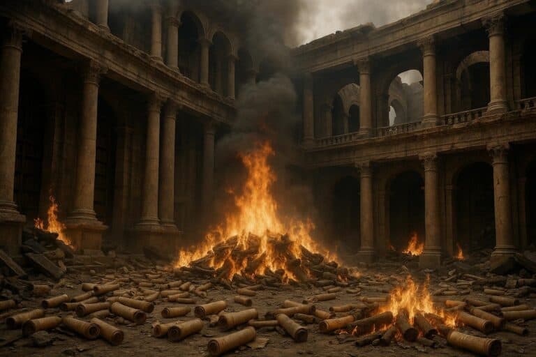 Ein großes Feuer brennt zwischen verstreuten Schriftrollen in der Mitte eines alten Steingebäudes mit hohen Säulen und Bögen, das an die Zerstörung der Bibliothek von Alexandria erinnert und die Szene mit Rauch und Verwüstung erfüllt.
