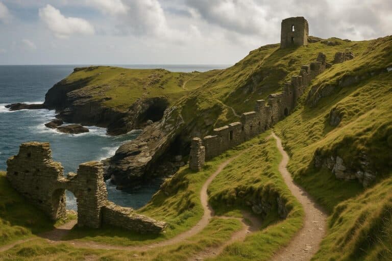 Die Ruinen einer alten Steinmauer und eines Turms, die an Tintagel Castle erinnern, erstrecken sich entlang einer grasbewachsenen Klippe mit Blick auf das Meer, mit schroffen Felsen darunter und gewundenen Feldwegen durch die grüne Landschaft unter einem bewölkten Himmel.
