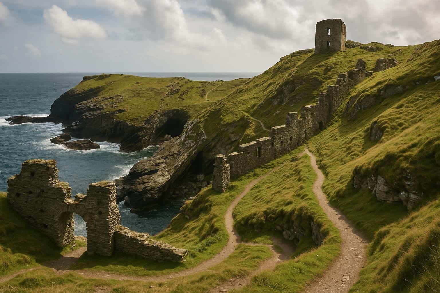 Die Ruinen einer alten Steinmauer und eines Turms, die an Tintagel Castle erinnern, erstrecken sich entlang einer grasbewachsenen Klippe mit Blick auf das Meer, mit schroffen Felsen darunter und gewundenen Feldwegen durch die grüne Landschaft unter einem bewölkten Himmel.