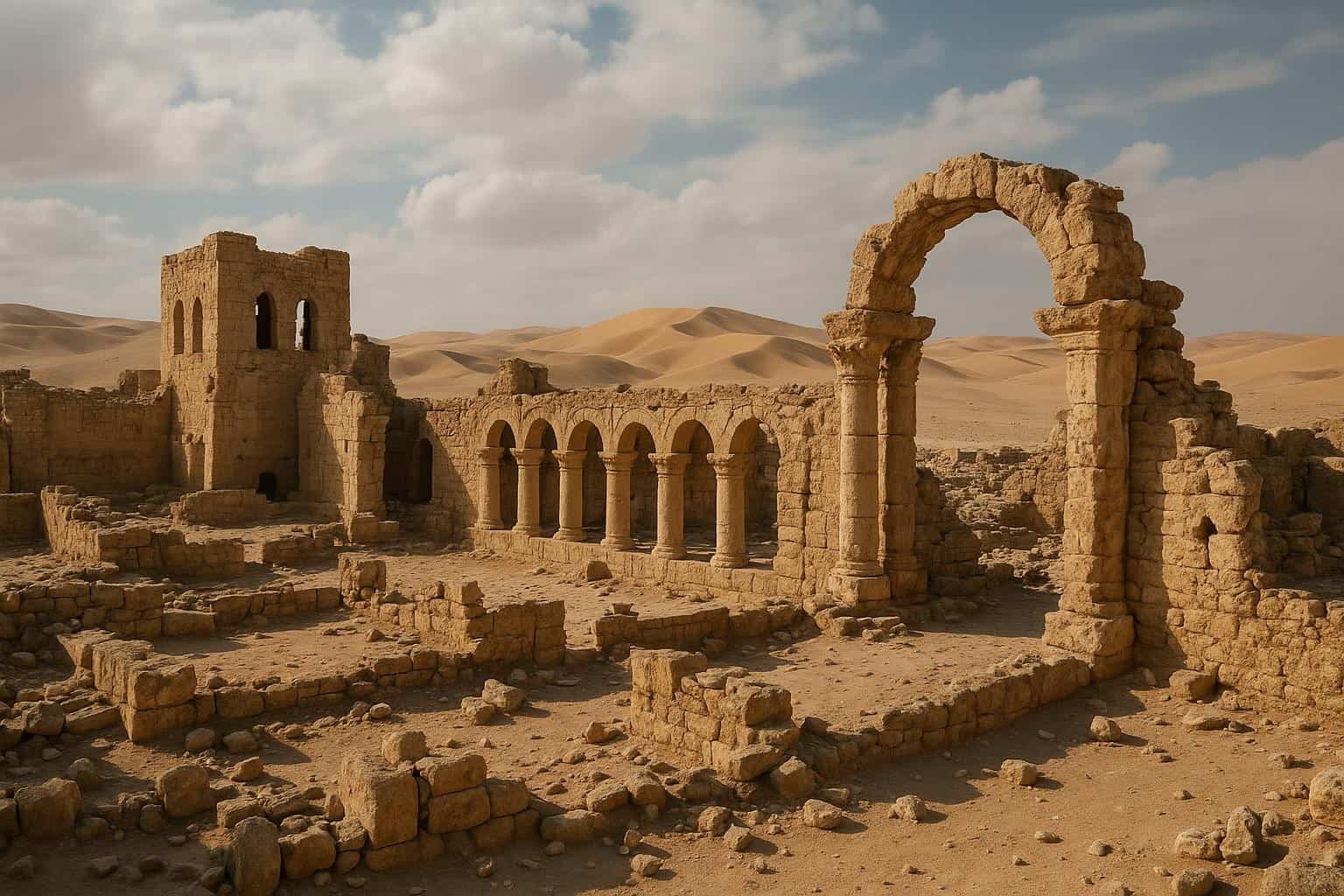 Alte Steinruinen mit Bögen und Säulen stehen in einer Wüstenlandschaft, die vermutlich Überreste von Ubar sind, umgeben von felsigem Boden und Sanddünen unter einem teilweise bewölkten Himmel.