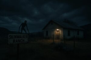 Ein schwach beleuchtetes Ranchhaus steht unter einem bewölkten Nachthimmel auf der Skinwalker Ranch. Eine dunkle, große, humanoide Gestalt mit glühenden Augen lauert in der Nähe des Schildes und verstärkt die unheimliche und beunruhigende Atmosphäre.