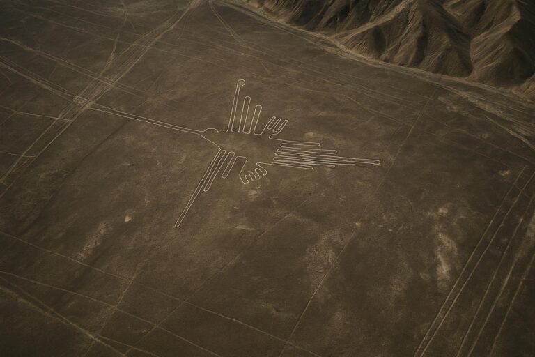 Luftaufnahme der Nazca-Linien in Peru, mit einer großen Geoglyphe eines stilisierten Kolibris, der in die trockene, braune Wüstenlandschaft geätzt wurde, mit Bergen im Hintergrund.