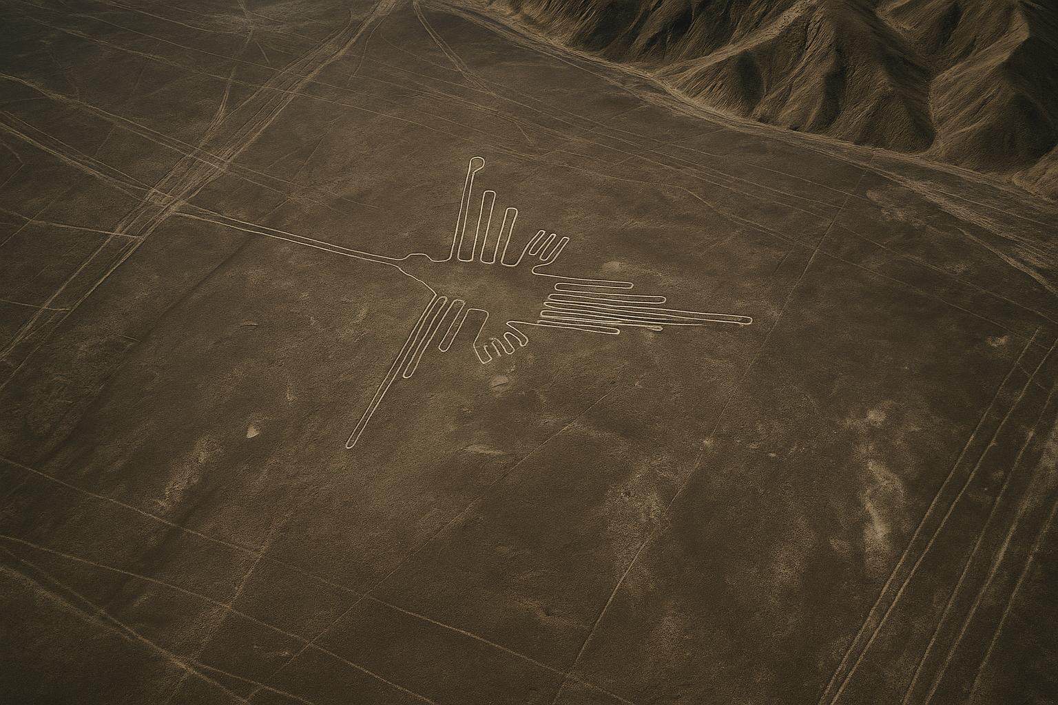 Luftaufnahme der Nazca-Linien in Peru, mit einer großen Geoglyphe eines stilisierten Kolibris, der in die trockene, braune Wüstenlandschaft geätzt wurde, mit Bergen im Hintergrund.