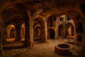Antike unterirdische Höhle mit gewölbten Gängen und kreisrunden Gruben, beleuchtet von warmem, natürlichem Licht. Die aus Erde oder Stein gehauenen Wände und Säulen erinnern an die geheimnisvolle Atmosphäre der unterirdischen Städte - verborgene historische Städte unter der Erde.