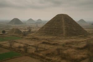 Eine Landschaft mit mehreren großen, grasbedeckten chinesischen Pyramiden unter einem bewölkten Himmel, umgeben von flachen Feldern und spärlichen Bäumen.