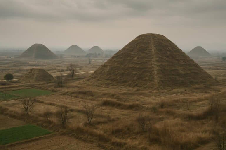 Eine Landschaft mit mehreren großen, grasbedeckten chinesischen Pyramiden unter einem bewölkten Himmel, umgeben von flachen Feldern und spärlichen Bäumen.