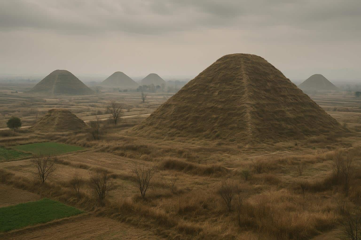 Eine Landschaft mit mehreren großen, grasbedeckten chinesischen Pyramiden unter einem bewölkten Himmel, umgeben von flachen Feldern und spärlichen Bäumen.
