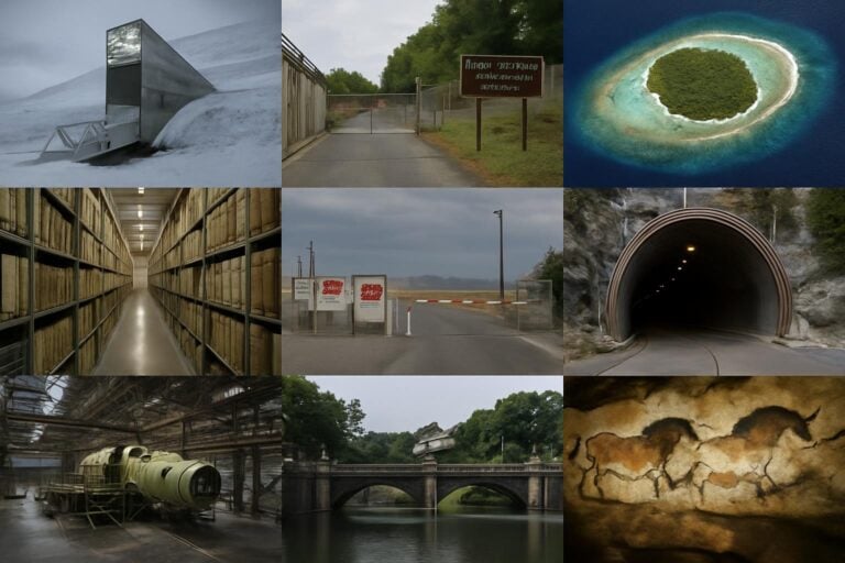 Ein 3x3-Raster mit Fotos, die geheime Orte zeigen: einen verschneiten Bunker, eine abgesperrte Straße, eine runde Insel, Archivregale, eine Straßensperre, einen Tunnel, alte Maschinen, eine gewölbte Steinbrücke und alte Höhlenmalereien mit Tieren.