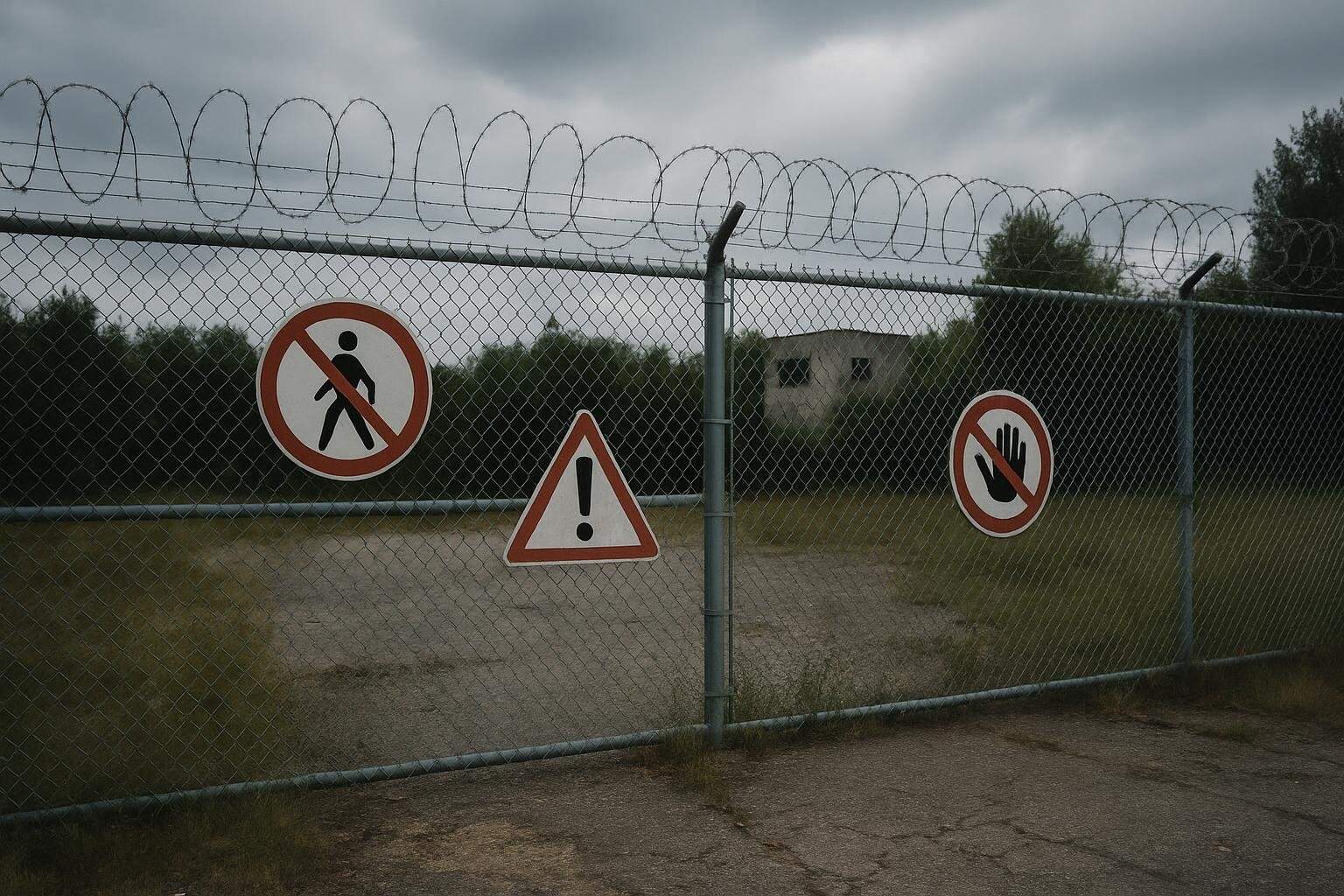 Ein mit Stacheldraht überzogener Maschendrahtzaun zeigt Sperrzonenzeichen, die vor dem Betreten warnen, darunter ein Fußgängersymbol, ein Ausrufezeichen und eine Hand, die "Stopp" bedeutet. Hinter dem Zaun sind überwuchertes Gras und ein Gebäude zu sehen.