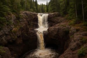 Ein zweistufiger Wasserfall, bekannt als Devil's Kettle, stürzt unter einem bedeckten Himmel über felsige Klippen, die von einem dichten grünen Wald umgeben sind. Das Wasser fließt vom oberen Fall in ein unteres Becken, das von moosbewachsenen Felsen und hohen Bäumen eingerahmt ist.