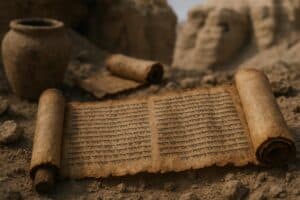 Eine alte hebräische Schriftrolle, die auf sandigem Boden ausgerollt wurde, mit einer weiteren gerollten Schriftrolle und einem Tongefäß im Hintergrund, erinnert an die Entdeckung der Schriftrollen vom Toten Meer, wobei die Zeilen der hebräischen Schrift auf einen archäologischen oder historischen Hintergrund hinweisen.