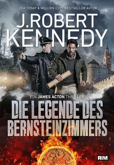 Buchcover zu „Die Legende des Bernsteinzimmers“, auf dem zwei Männer zu sehen sind – einer in Militäruniform, der andere mit einer Schriftrolle in der Hand –, im Hintergrund eine brennende Stadt und ein kunstvoll verziertes Artefakt. Titel und Autorenname sind über das Bild gelegt.