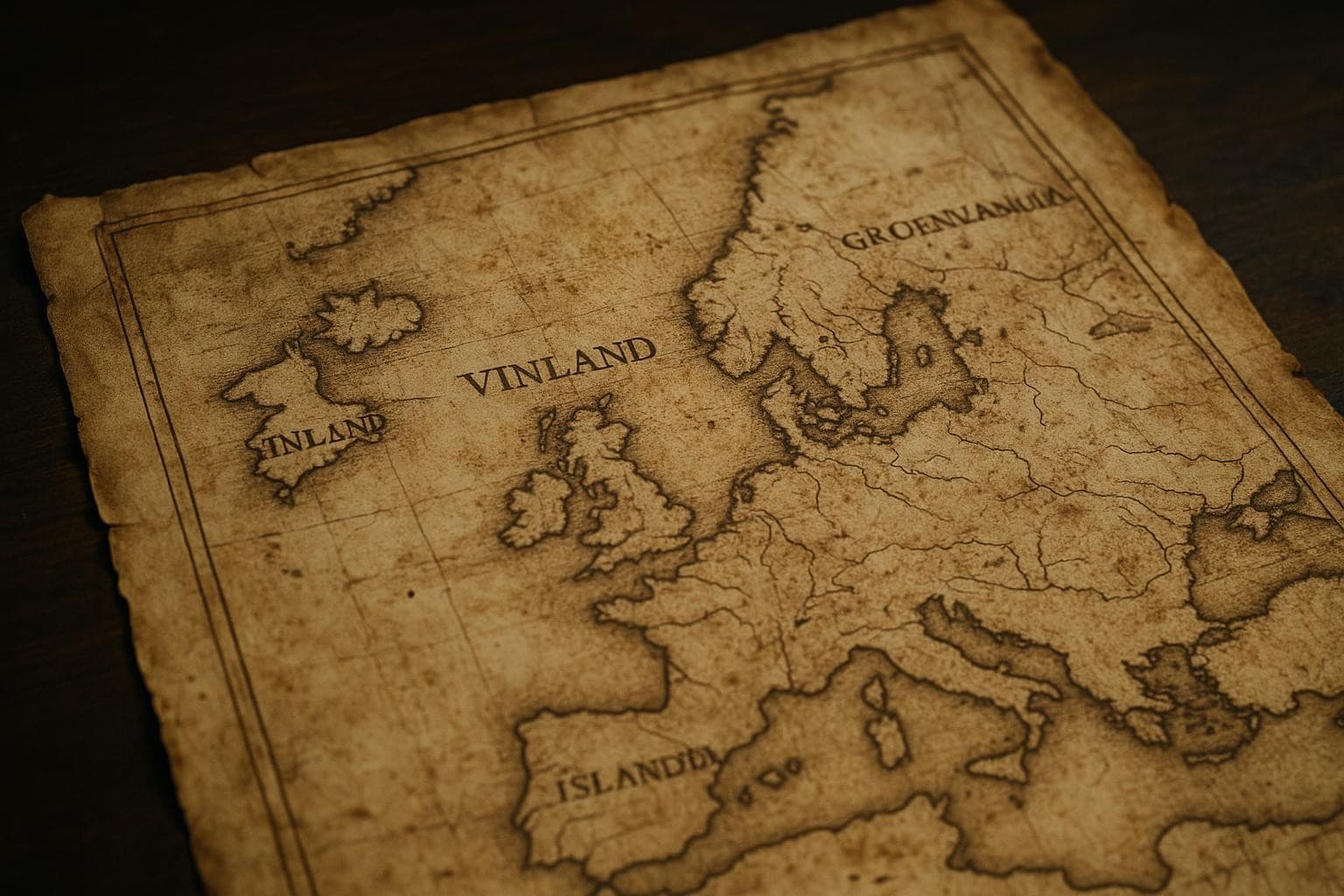 Eine sepiafarbene Karte von Europa und dem Nordatlantik im alten Stil, die an die Vinland-Karte erinnert und beschriftete Regionen wie INLAND, VINLAND, GROENLANDIA und ISLAND mit einem gealterten, verwitterten Aussehen und verdunkelten Rändern zeigt.