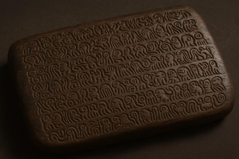 Eine rechteckige Tafel mit Reihen komplizierter, altertümlich anmutender Rongo-Rongo-Symbole und -Glyphen, die einer Schrift oder einem Code ähneln und in ein dunkles, steinartiges Material eingemeißelt sind. Die Tafel ruht auf einer dunklen Oberfläche.