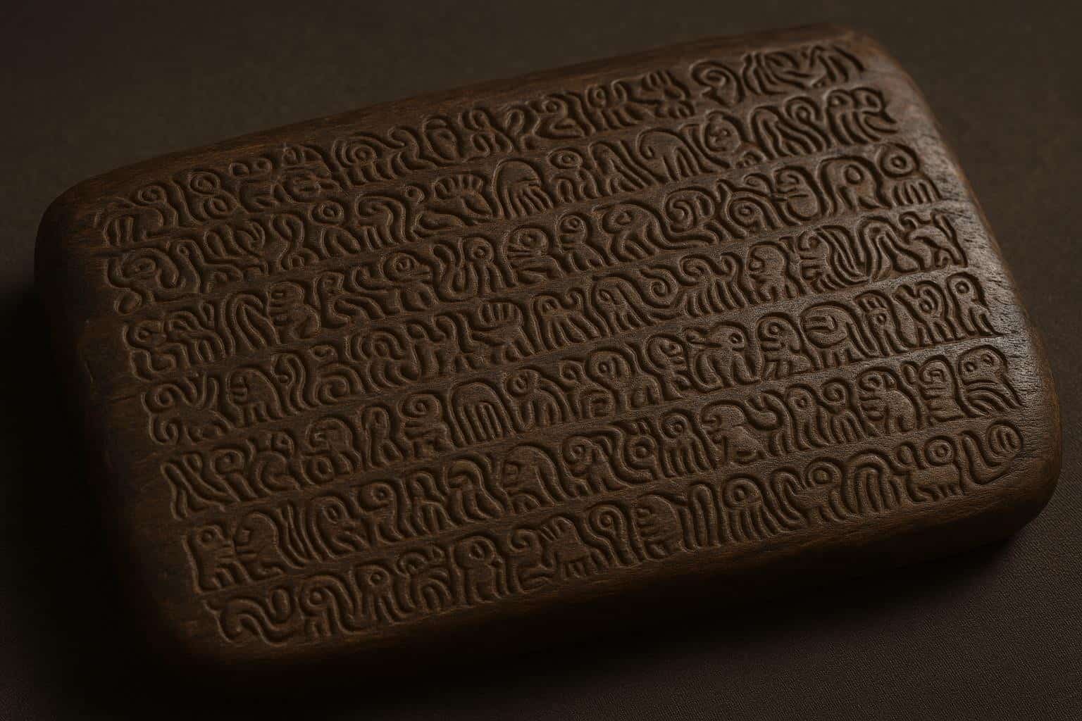 Eine rechteckige Tafel mit Reihen komplizierter, altertümlich anmutender Rongo-Rongo-Symbole und -Glyphen, die einer Schrift oder einem Code ähneln und in ein dunkles, steinartiges Material eingemeißelt sind. Die Tafel ruht auf einer dunklen Oberfläche.