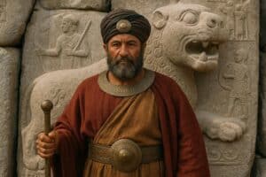 Ein Mann in alter Hatti-Tracht und mit Turban steht mit einem Stab in der Hand vor einer Steinmauer, in die Figuren und ein Löwenmotiv eingemeißelt sind. Er trägt ein braunes Gewand, einen roten Umhang und einen verzierten Gürtel und blickt direkt in die Kamera.