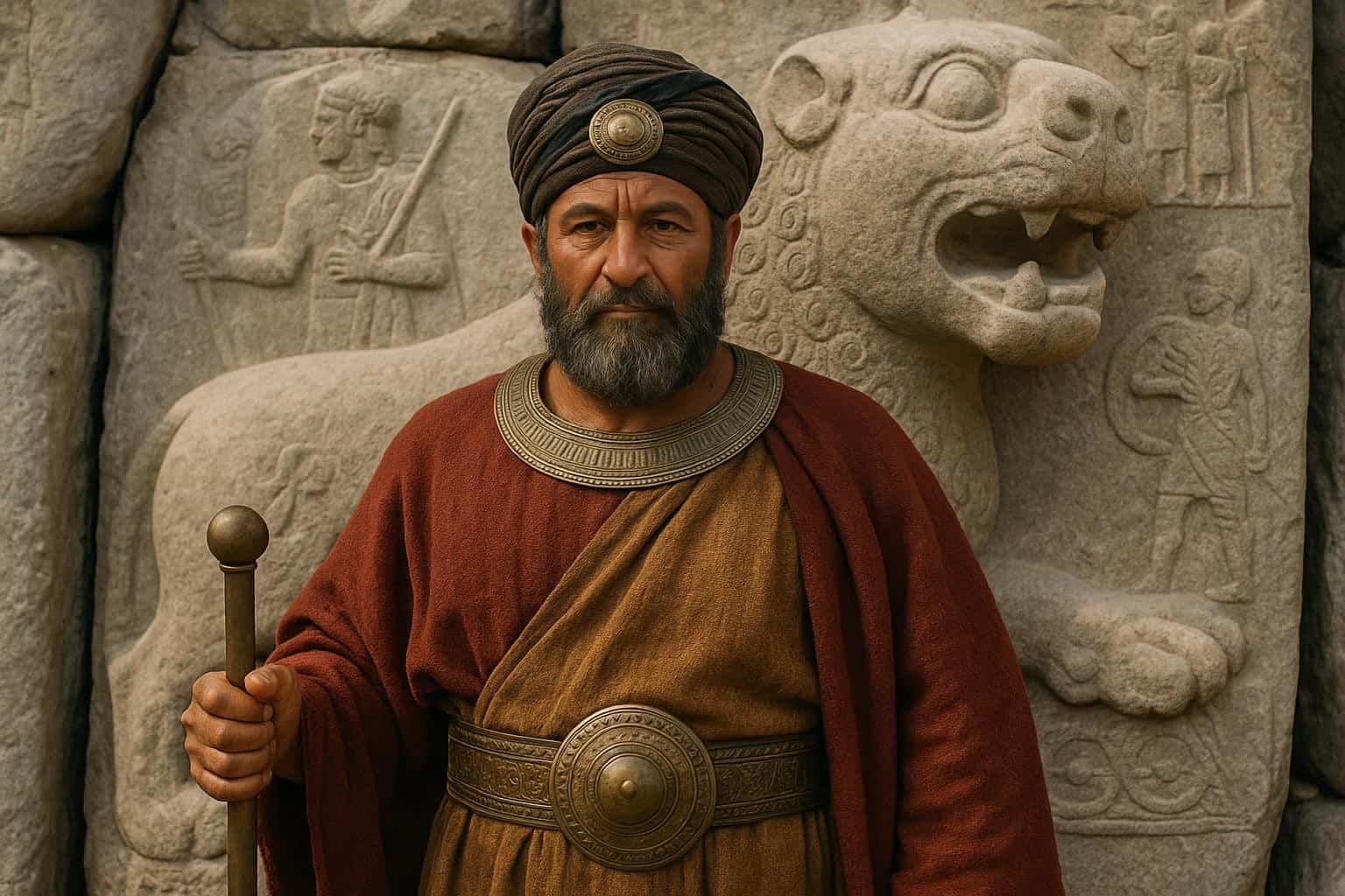 Ein Mann in alter Hatti-Tracht und mit Turban steht mit einem Stab in der Hand vor einer Steinmauer, in die Figuren und ein Löwenmotiv eingemeißelt sind. Er trägt ein braunes Gewand, einen roten Umhang und einen verzierten Gürtel und blickt direkt in die Kamera.