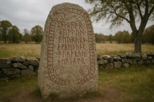 Ein großer, mit Runenzeichen beschrifteter Runenstein steht im Freien auf einer Wiese, umrahmt von einer Steinmauer, Bäumen und einem bewölkten Himmel im Hintergrund.