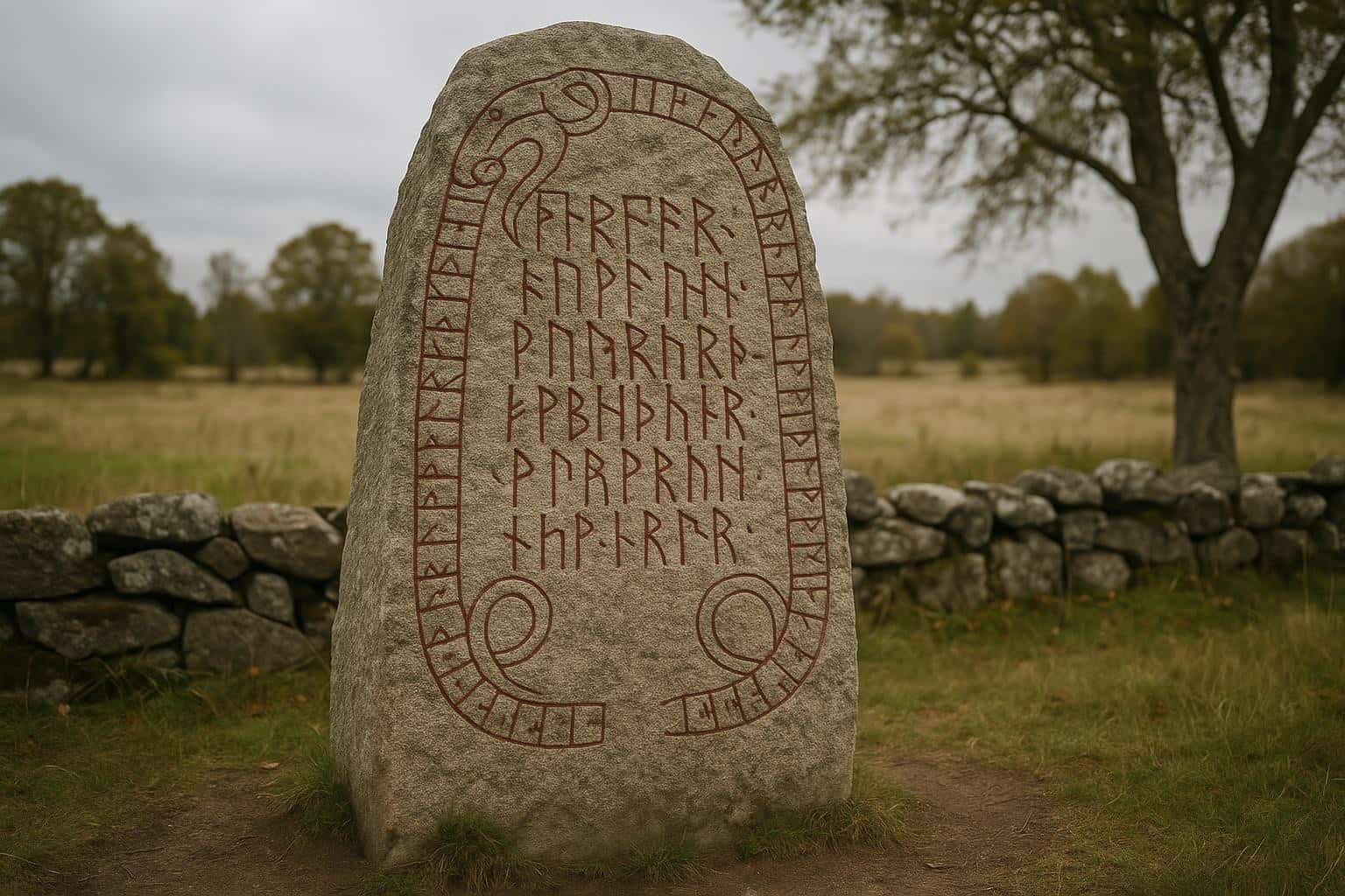 Ein großer, mit Runenzeichen beschrifteter Runenstein steht im Freien auf einer Wiese, umrahmt von einer Steinmauer, Bäumen und einem bewölkten Himmel im Hintergrund.