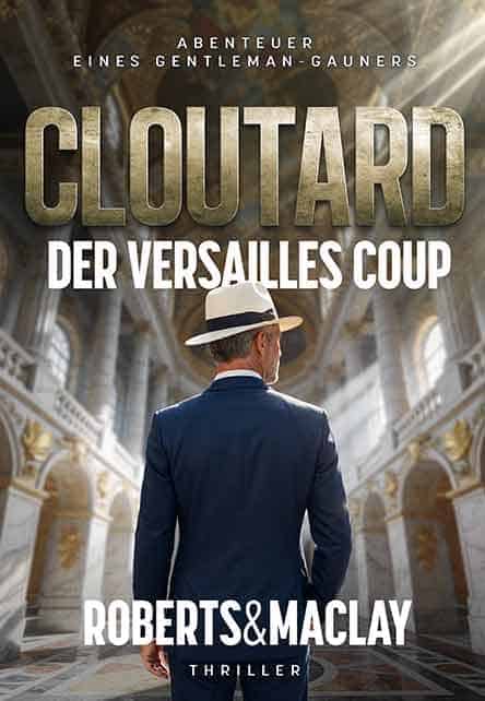 Ein Mann in Anzug und weißem Hut steht in einem prächtigen, reich verzierten Saal mit hohen Decken. Der Text lautet: „Cloutard – Der Putsch von Versailles“ und „Roberts & Maclay – Thriller“...