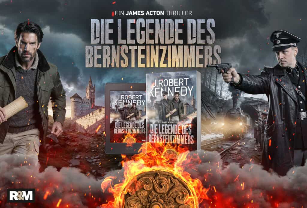 Zu sehen sind ein stämmiger Mann, ein Nazi-Offizier, Feuer, Trümmer und zwei Bücher mit dem Titel „Die Legende des Bernsteinzimmers“ von J. Robert Kennedy – vor einem dramatischen, vom Krieg gezeichneten Hintergrund und mit einem kunstvoll verzierten goldenen Artefakt im Vordergrund.