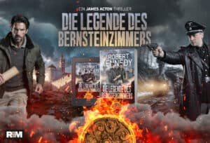 Zu sehen sind ein stämmiger Mann, ein Nazi-Offizier, Feuer, Trümmer und zwei Bücher mit dem Titel „Die Legende des Bernsteinzimmers“ von J. Robert Kennedy – vor einem dramatischen, vom Krieg gezeichneten Hintergrund und mit einem kunstvoll verzierten goldenen Artefakt im Vordergrund.