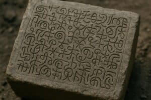 Auf einem rauen, erdigen Hintergrund ruht eine Steintafel, in deren Oberfläche ein Raster aus verschlungenen, abstrakten Symbolen oder Glyphen eingraviert ist, die an rätselhafte Dokumente erinnern.
