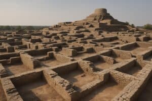 Antike Ruinen von Mohenjo-Daro mit einem großen stupaähnlichen Bauwerk im Hintergrund und zahlreichen rechteckigen Ziegelsteinfundamenten und -mauern im Vordergrund bei klarem Himmel.