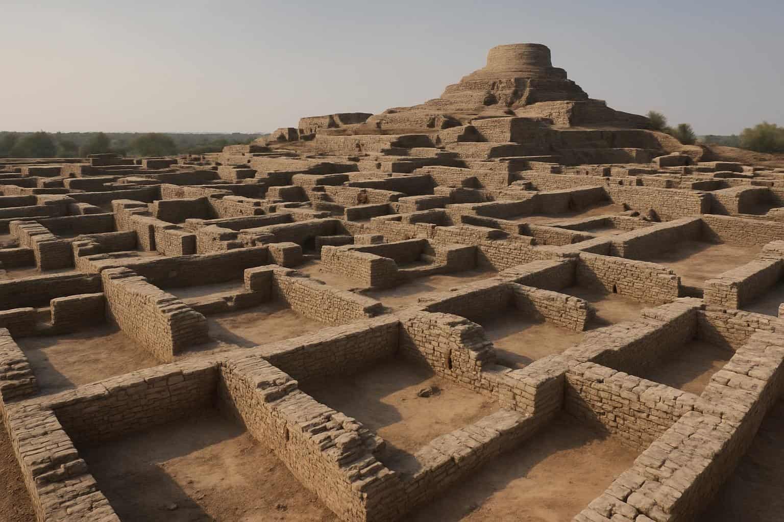 Antike Ruinen von Mohenjo-Daro mit einem großen stupaähnlichen Bauwerk im Hintergrund und zahlreichen rechteckigen Ziegelsteinfundamenten und -mauern im Vordergrund bei klarem Himmel.