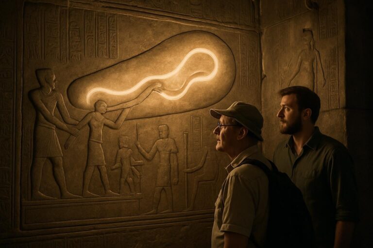Zwei Männer betrachten in einer schwach beleuchteten Kammer eine altägyptische Wandschnitzerei, die von einem leuchtenden, schlangenähnlichen Dendera-Licht beleuchtet wird, umgeben von Figuren in traditioneller ägyptischer Kleidung.